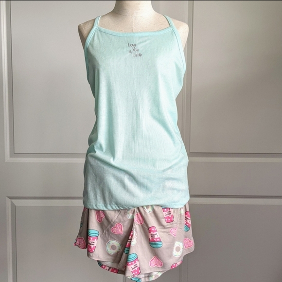 Pj Couture Love You A Latte Coffee PJ Set Sleeveless Top Shorts Aqua L NWT - Picture 2 of 9